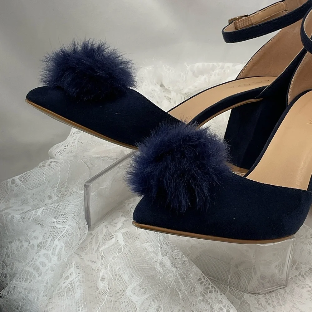 Zalore Women’s Sz6.5 Navy Blue Pointed-Toe Featuring Pom-Poms Women's Heels 0205